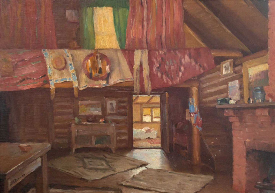 Artist's Cabin Interior by Joseph Henry Sharp (1859-195: Joseph Henry Sharp (1859-1953), Artist's Cabin Interior, c. 1915, oil on board, 10 x 14, signed lower left