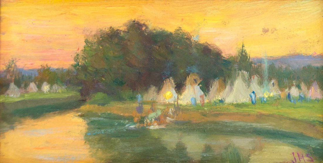 Indian Camp on Little Big Horn River by Joseph Henry Sh: Joseph Henry Sharp (1859-1953), Indian Camp on Little Big Horn River, oil on paper on board, 3 1/4 x 5 3/4, initialed lower right