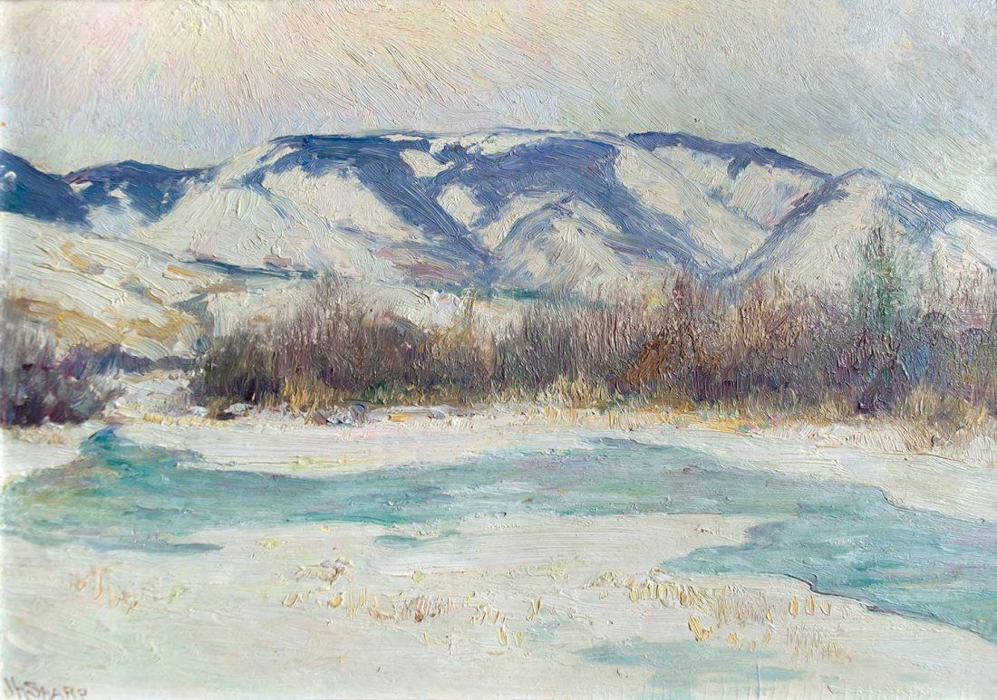Big Horn Mountain by Joseph Henry Sharp (1859-1953): Joseph Henry Sharp (1859-1953), Big Horn Mountain, c.1908, oil on board, 9 1/2 x 13 1/2, signed lower left