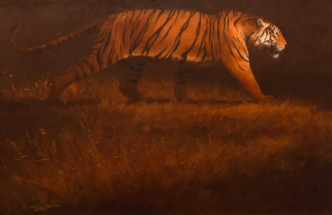 John Schoenherr (1951- ), Striding Tiger, 20 x 30: John Schoenherr (1951- ), Striding Tiger, oil on canvas, 20 x 30, signed lower left: Schoenherr Â© Provenance: The Artist From a Private Collection