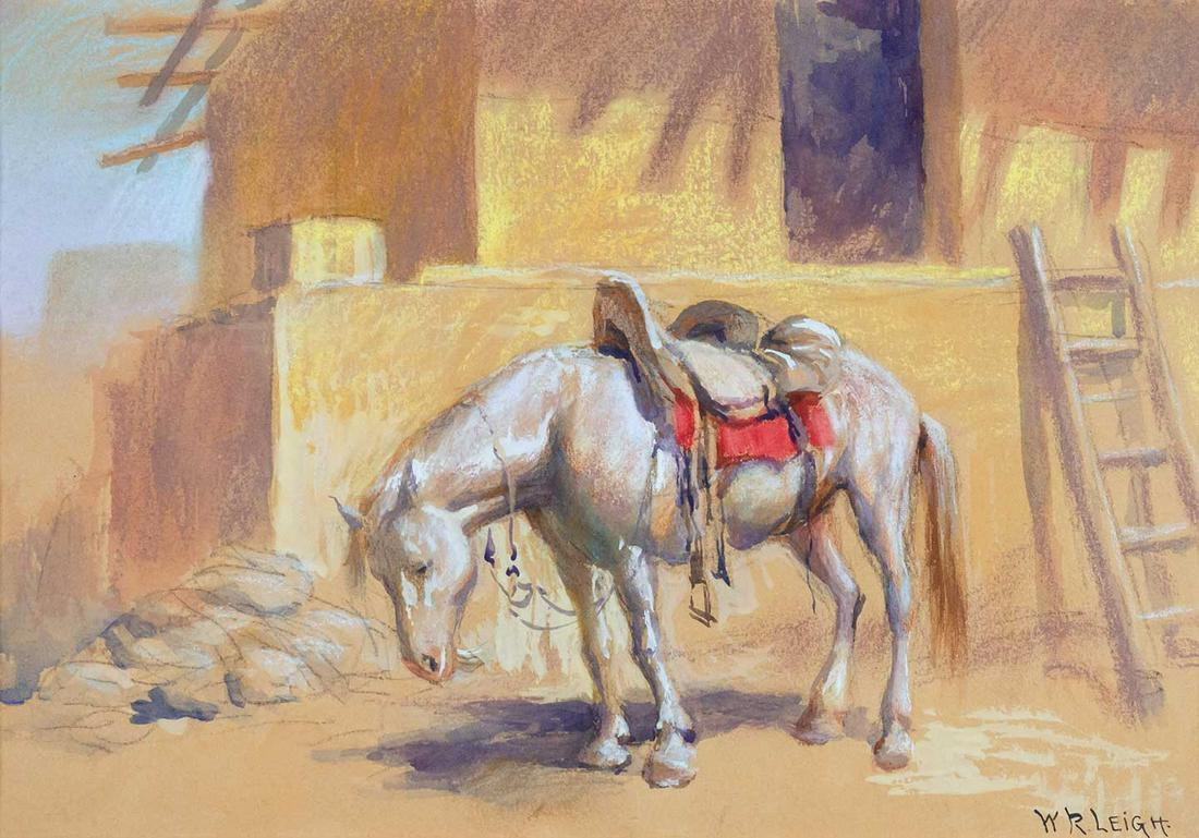 William R. Leigh (1866-1955), White Horse with Navajo Saddle: William R. Leigh (1866-1955), White Horse with Navajo Saddle, pastel and graphite on paper, 9 x 13 (sight), signed lower right: WR. LEIGH., Provenance: Private Collection, Arizona