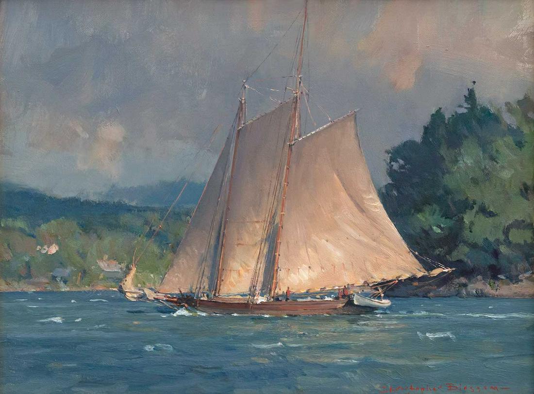 Blossom, Christopher (1956- ), Sail Ship Near Land: Blossom, Christopher (1956- ), Sail Ship Near Land, oil on canvas, 9 x 12, signed lower right: Christopher Blossom, Provenance: From a Private Collection