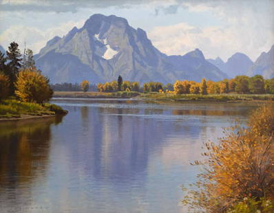 Jay Moore (1964-) Reflections of Mount Moran: Jay Moore (1964- ) Reflections of Mount Moran, 2009 oil on canvas 22 x 28 inches 30 1/4 x 36 1/4 x 3 inches (frame) signed lower left: (artist cipher) JAY MOORE Provenance: Private Collection, Jackson