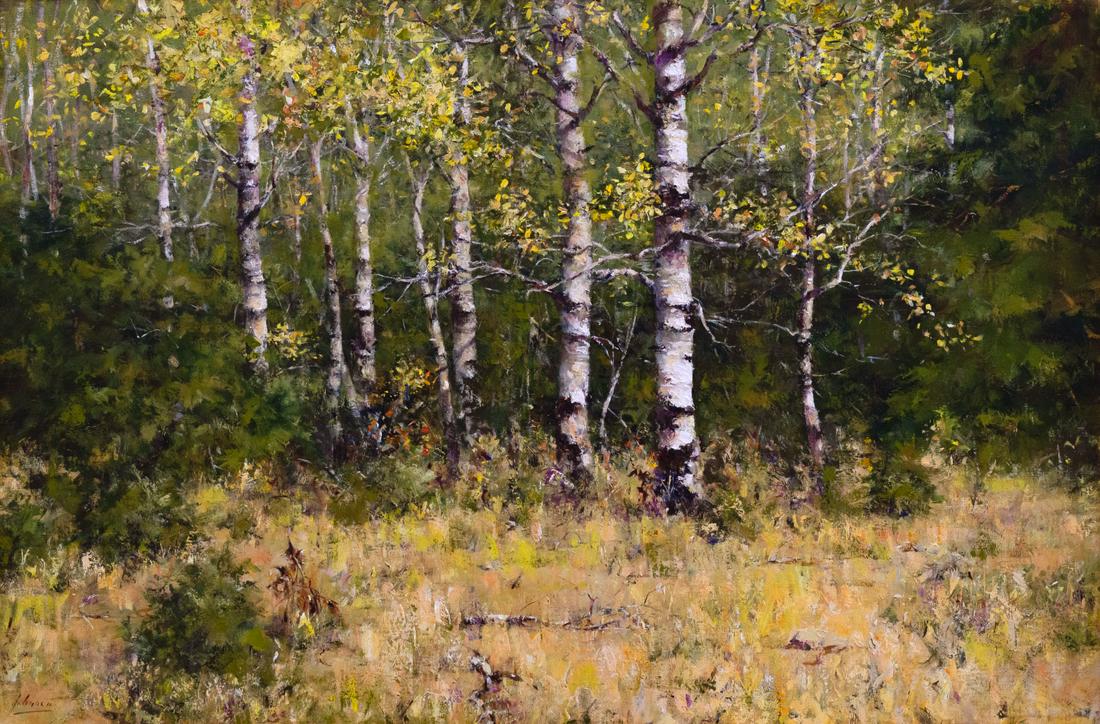 Robert Johnson Cucharra Valley Aspens: Robert Johnson Cucharra Valley Aspens oil on board 20 x 30 inches 27 3/4 x 37 3/4 x 2 inches (frame) signed lower left: Johnson Provenance: Trailside Galleries (label verso) Private Collection, Jackso