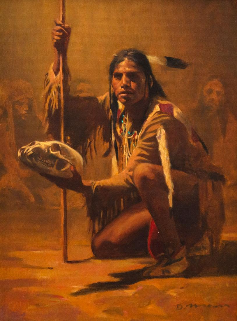 David Mann (1948-) Lakota Shaman: David Mann (1948-) Lakota Shaman oil on canvas 16 x 12 inches 24 1/2 x 20 1/2 x 2 1/2 inches (frame) signed lower right: D. Mann Provenance: Altermann & Morris Galleries (label verso) From a Private C