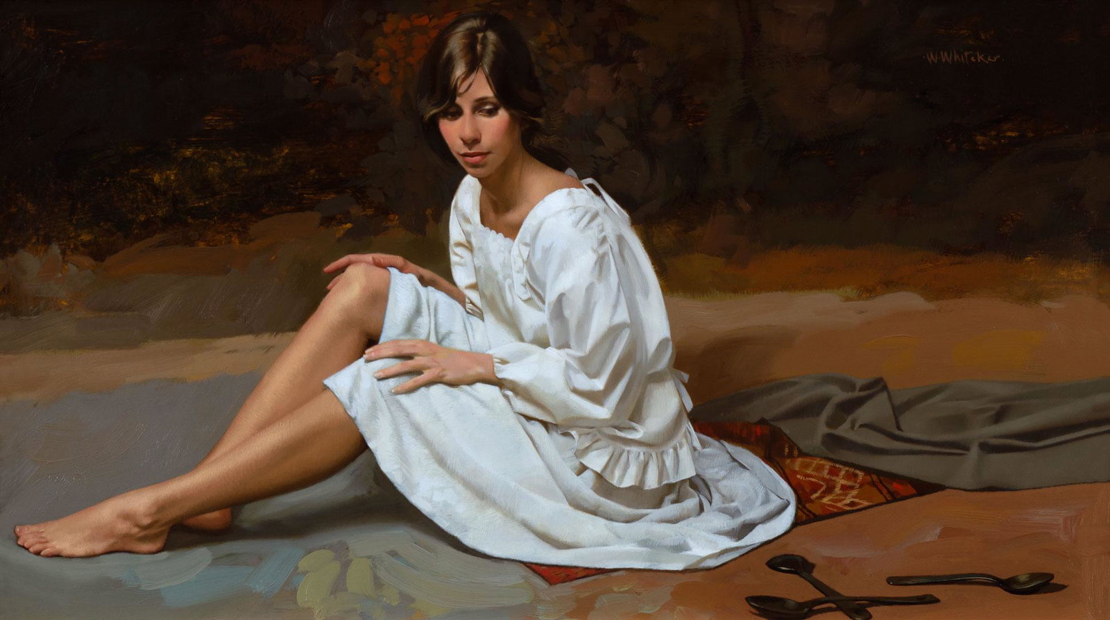 William Whitaker Jr. (1943-2018) A Game of Spoons: William Whitaker Jr. (1943-2018) A Game of Spoons oil on board 11 1/2 x 20 inches 19 1/2 x 28 x 2 inches (frame) signed upper right: W. Whitaker Provenance: Overland Trails Gallery (label verso) From