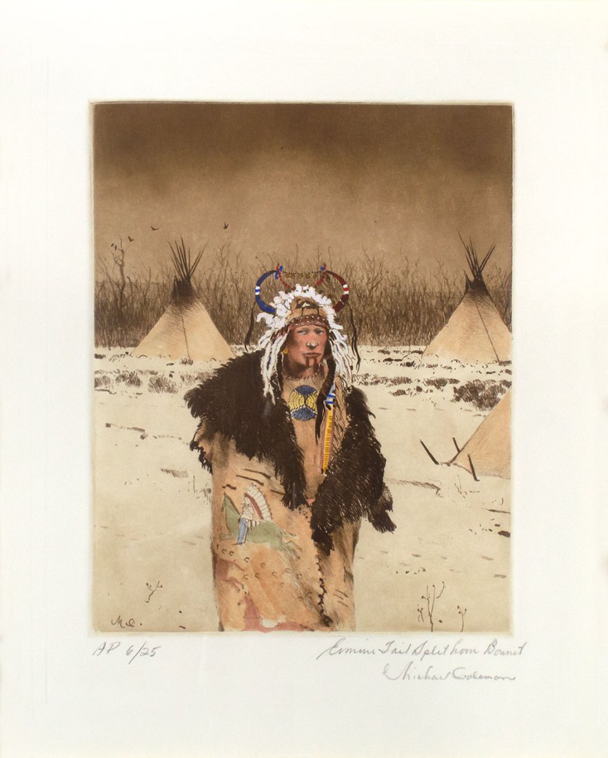 MICHAEL COLEMAN (1946- ), ERMINE TAIL SPLIT HORN BONNET: Title: Michael Coleman (1946- ), Ermine Tail Split Horn Bonnet Medium: hand colored lithograph, AP 6/25 Dimensions: 8 x 6 1/2 Frame dimensions: 24 3/4 x 20 1/4 x 1 1/4 signed lower right Pro