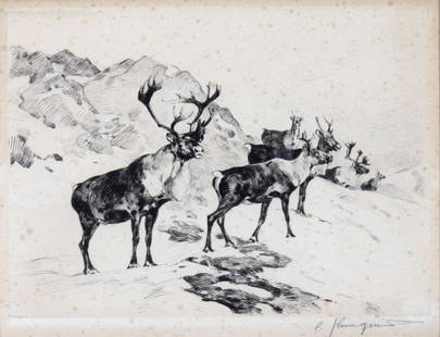 Carl Rungius (1869-1959), Osborne's Caribou: Carl Rungius (1869-1959) Osborne's Caribou Medium: etching with drypoint Dimensions: 6 7/8 x 8 7/8 Framed/base dimensions: 13 3/4 x 15 1/4 x 1/2 Signature: signed lower right: C. Rungius Provenance: T