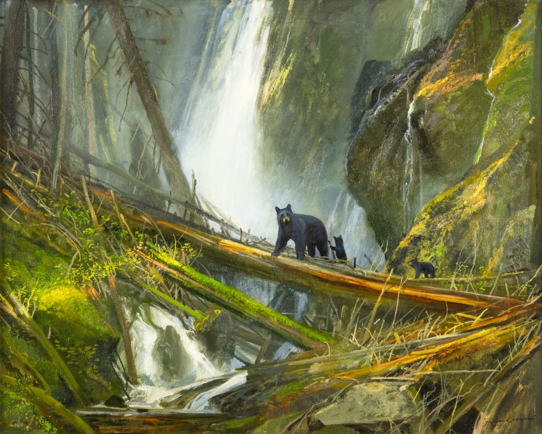 Michael Coleman (1946-), In Secret Places - Black Bears: Michael Coleman (1946-) In Secret Places - Black Bears Medium: oil on canvas board Dimensions: 24 x 30 Framed/base dimensions: 33 1/8 x 39 1/4 x 3 Signature: signed lower right: Michael Coleman Proven
