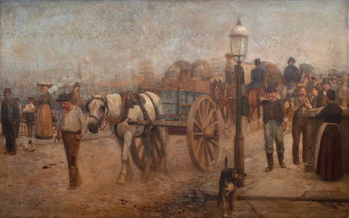 Henry Rankin Poore (1859-1940), The Bridge - Close of a City Day: Henry Rankin Poore (1859-1940) The Bridge - Close of a City Day Medium: oil on canvas Dimensions: 48 x 76 Framed/base dimensions: 52 1/2 x 80 3/4 x 1 3/4 Signature: signed and dated lower left: Henry