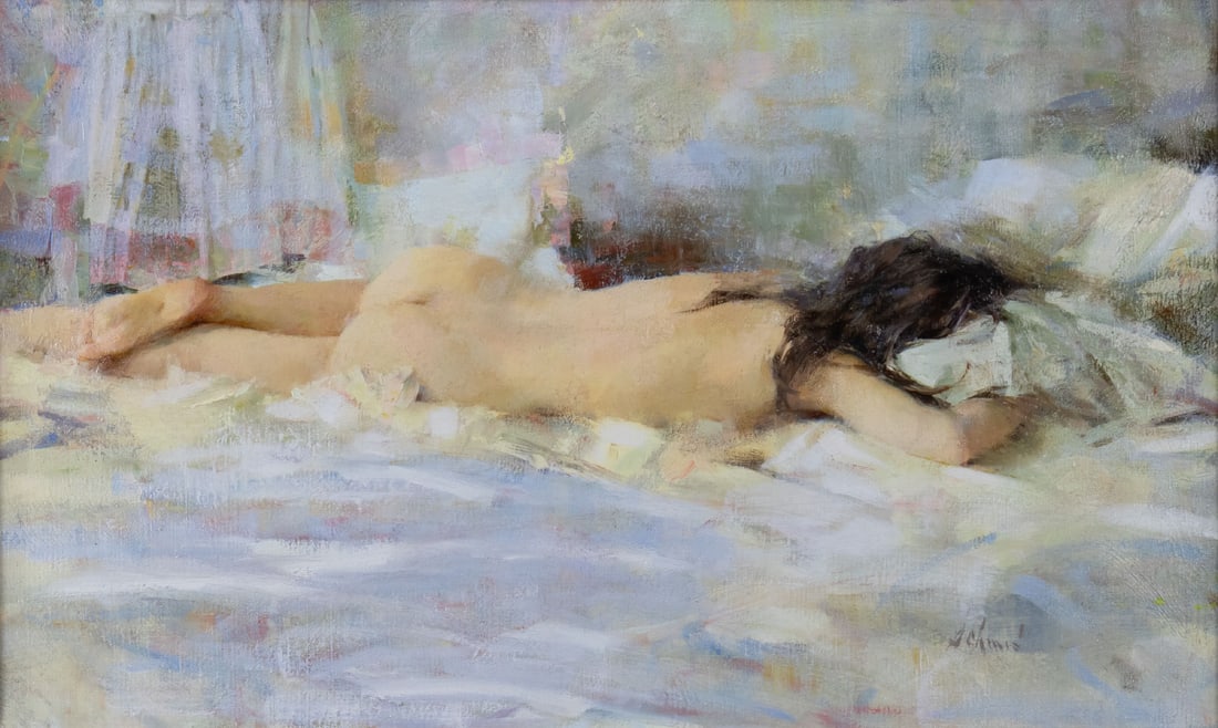 Richard Schmid (1934-2021), Reclining Nude: Richard Schmid (1934-2021) Reclining Nude Medium: oil on canvas Dimensions: 12 x 20 Framed/base dimensions: 18 3/4 x 26 3/4 x 2 1/2 Signature: signed lower right: Schmid verso: titled, signed and date