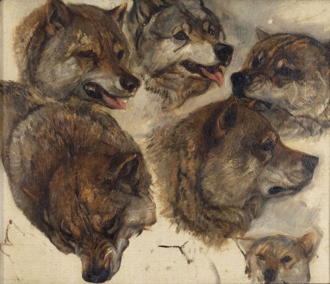 George Bouverie Goddard (1832-1886), Study of Huskies: George Bouverie Goddard (1832-1886) Study of Huskies Medium: oil on canvas Dimensions: 12 x 14 Framed/base dimensions: 15 3/4 x 17 3/4 x 2 1/2 Signature: unsigned Provenance: From a Private Collection