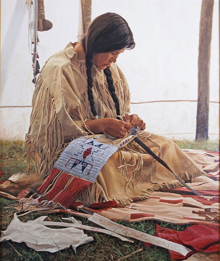 Beading the Pipe Bag,: Swanson, Ray, 1937-2004, 36 x 30 inches, oil on canvas, Signed: Lower Right