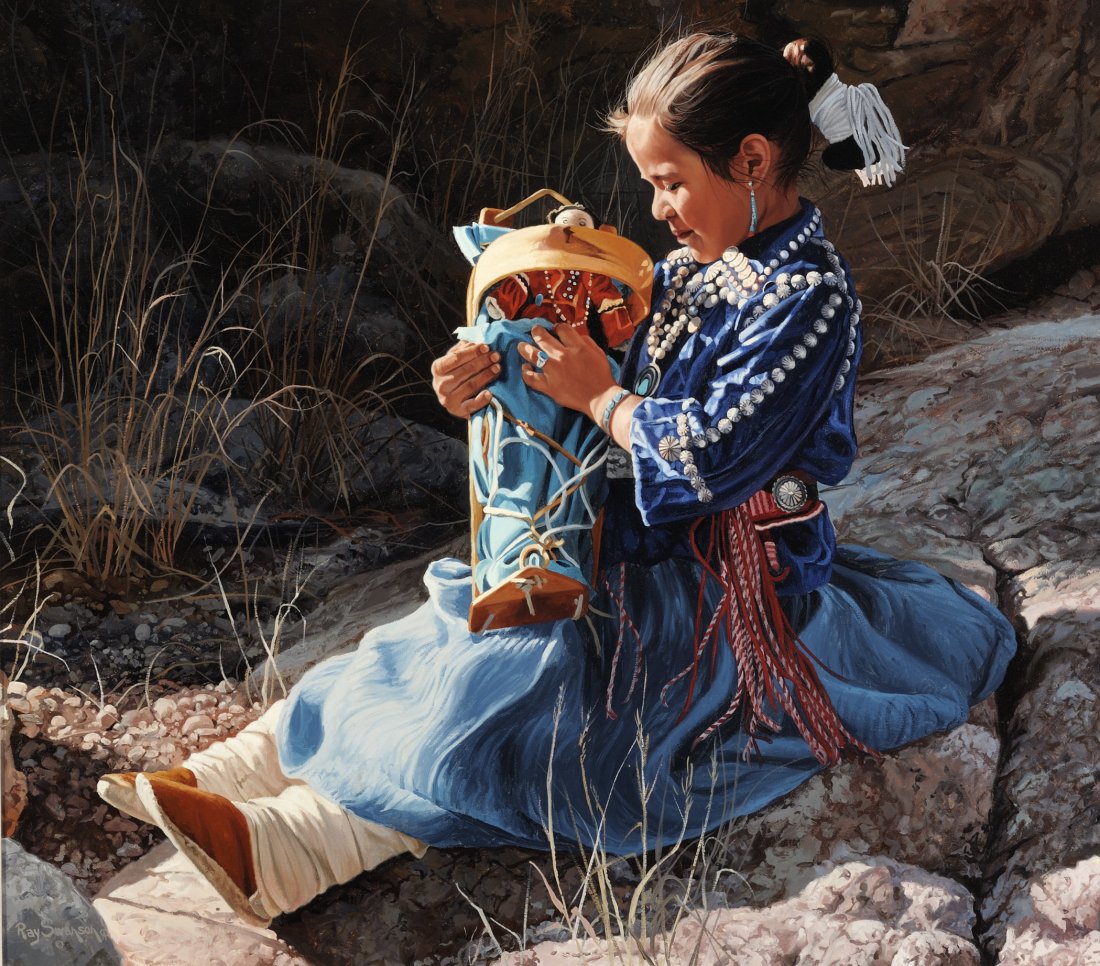 The Little Cradle Board Navajo,: Swanson, Ray, 1937-2004, 30 x 34 inches, oil on canvas, Signed: Lower Left