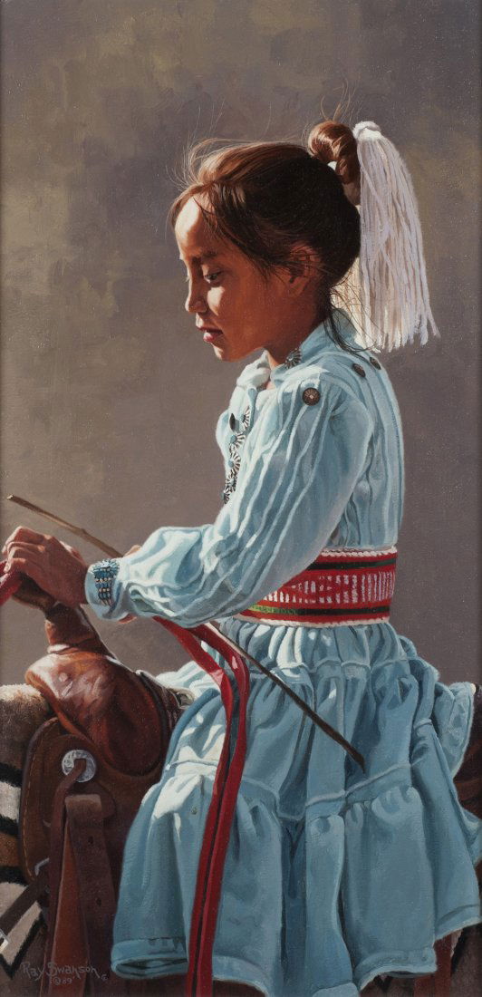 In Daddy's Saddle, 1989: Swanson, Ray, 1937-2004, 24 x 12 inches, oil on canvas, Signed: Lower Left
