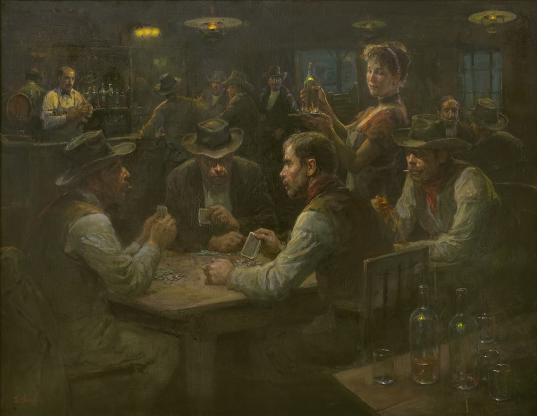 Lajos Markos (1917-1993), Poker Players: Lajos Markos (1917-1993) Poker Players Medium: oil on linen Dimensions: 27 7/8 x 36 Framed/base dimensions: 35 5/8 x 43 5/8 x 2 Signature: signed lower left: L. Markos verso: signed Provenance: Texas
