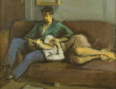 Moses Soyer (1899-1974), Untitled (Man Holding Woman): Moses Soyer (1899-1974) Untitled (Man Holding Woman) Medium: oil on canvasboard Dimensions: 10 7/8 x 13 7/8 Framed/base dimensions: 15 5/8 x 18 5/8 x 1 1/2 Signature: signed lower right: M Soyer Prove