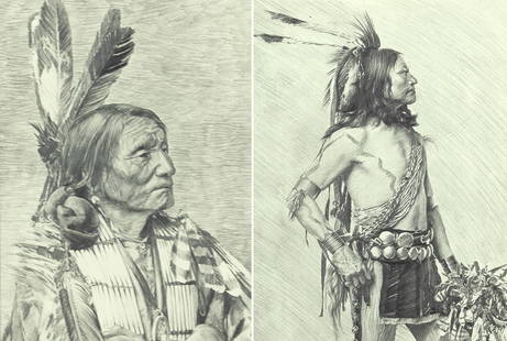 Paul Sarkisian (1928- ), Set of 2 Drawings: Sioux Chief Crazy Bear and Chief Yellow Boy - Sioux: Paul Sarkisian (1928- ) Set of 2 Drawings: Sioux Chief Crazy Bear and Chief Yellow Boy - Sioux Medium: pencil on paper Dimensions: 10 5/8 x 7 7/8 (each) Framed Dimensions: 20 1/2 x 16 1/2 x 7/8 (each)