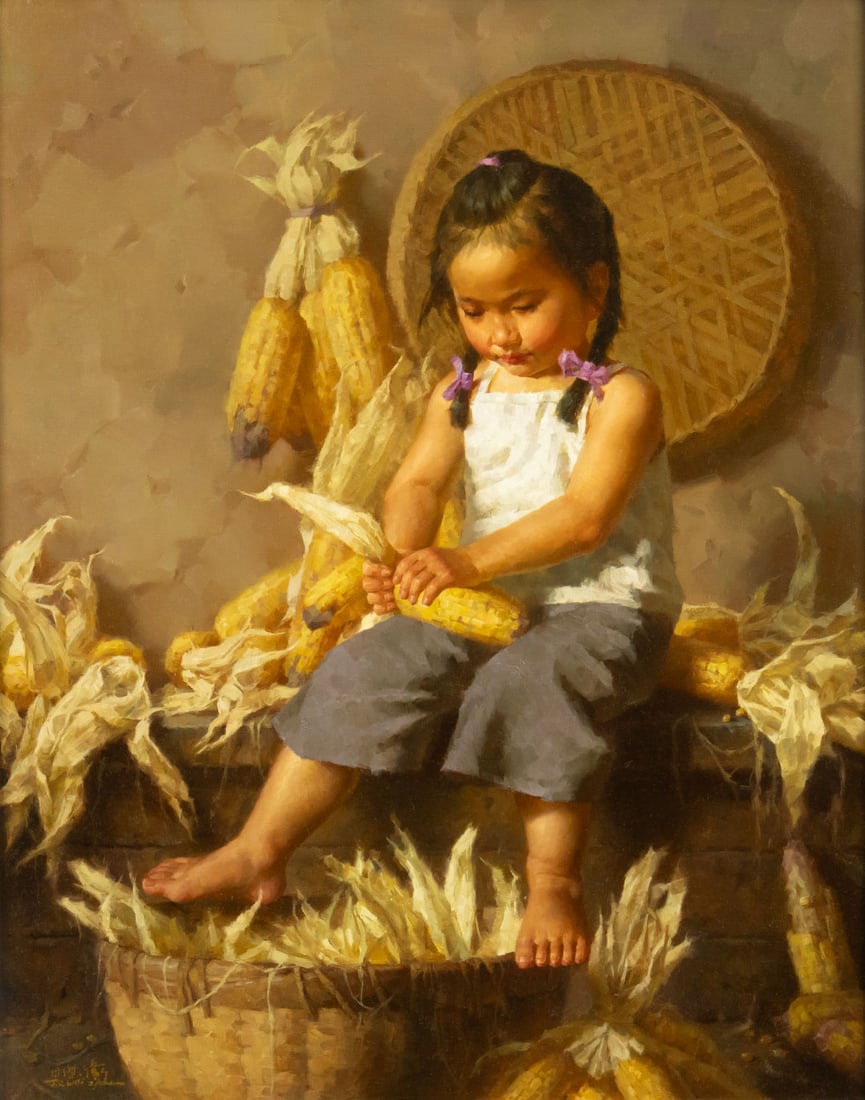 Jie Wei Zhou (1962- ), My Favorite Chore: Jie Wei Zhou (1962- ) My Favorite Chore Medium: oil on canvas Dimensions: 30 x 24 Framed Dimensions: 38 1/4 x 32 1/4 x 3 Signature signed lower left: (Chinese characters) Jie Wei Zhou verso: signed an
