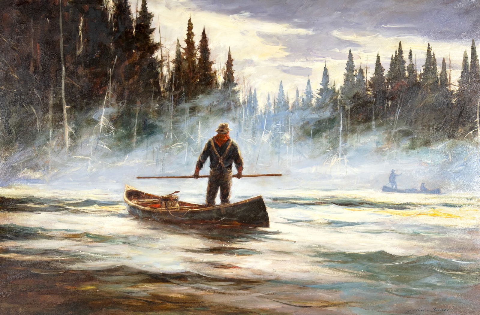 John Swan (1948- ), Northwoods Fishing: John Swan (1948- ) Northwoods Fishing Medium: oil on panel Dimensions: 23 1/4 x 35 1/2 Framed Dimensions: 30 7/8 x 43 1/8 x 1 3/4 Signature signed lower right: John Swan Provenance Western Wildlife Ga