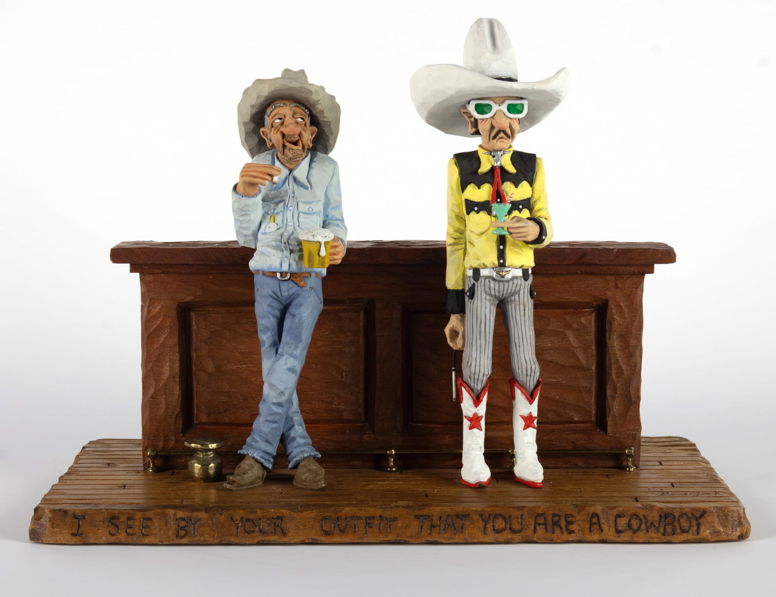 Gene Zesch (1932- ), I See by Your Outfit That You Are a Cowboy: Gene Zesch (1932- ) I See by Your Outfit That You Are a Cowboy, Medium: bronze and wood, AC/50 Dimensions: 9 3/4 x 13 x 6 3/4 Signature inscribed: AC/50 © Gene Zesch I See By Your Outfit That You Are