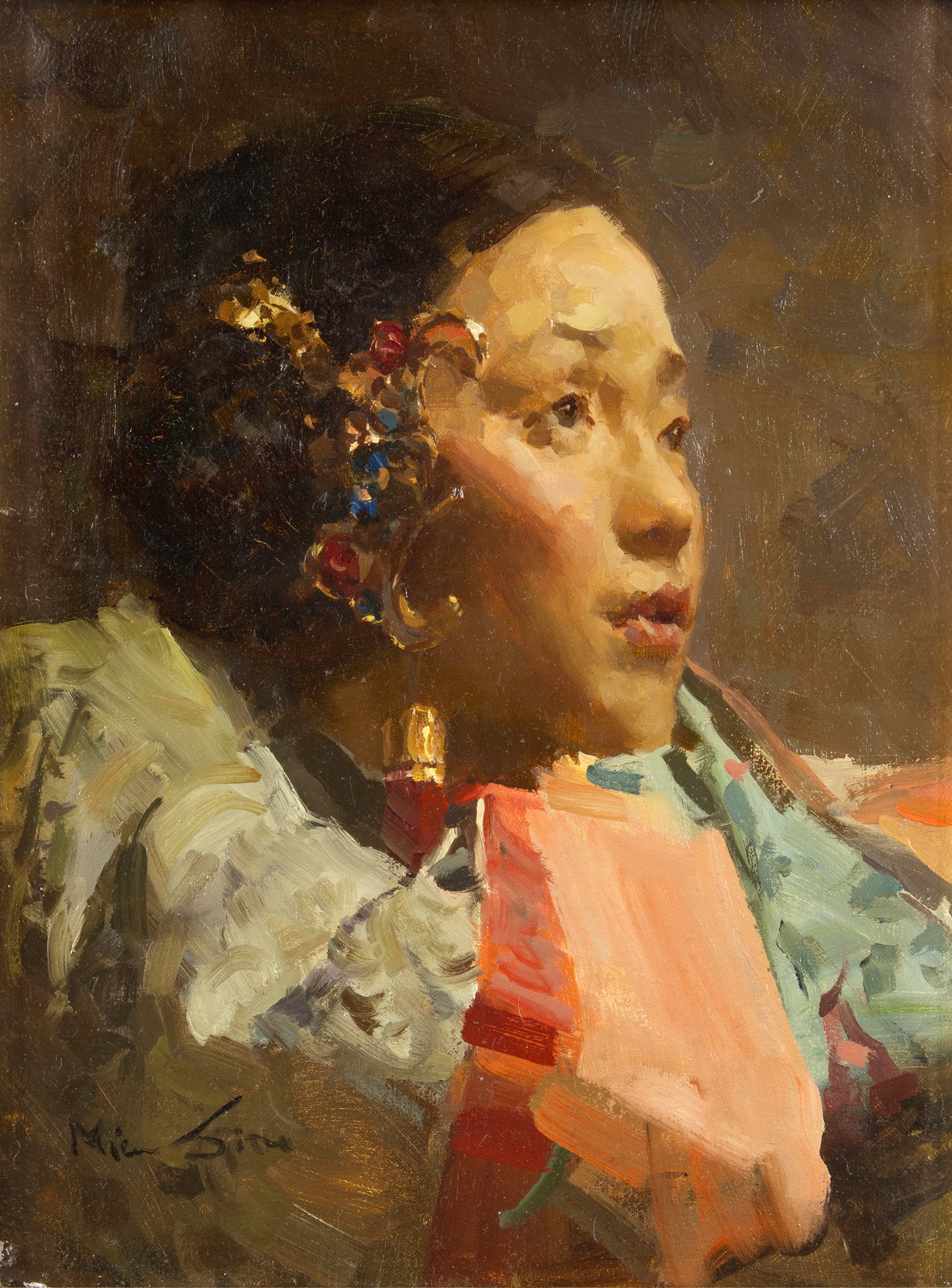 Mian Situ (1953- ), Day Dreaming: Mian Situ (1953- ) Day Dreaming Medium: oil on panel Dimensions: 12 x 9 Framed Dimensions: 21 3/8 x 18 3/8 x 1 3/4 Signature signed lower left: Mian Situ Provenance Di Tommaso Galleries, Scottsdale, A