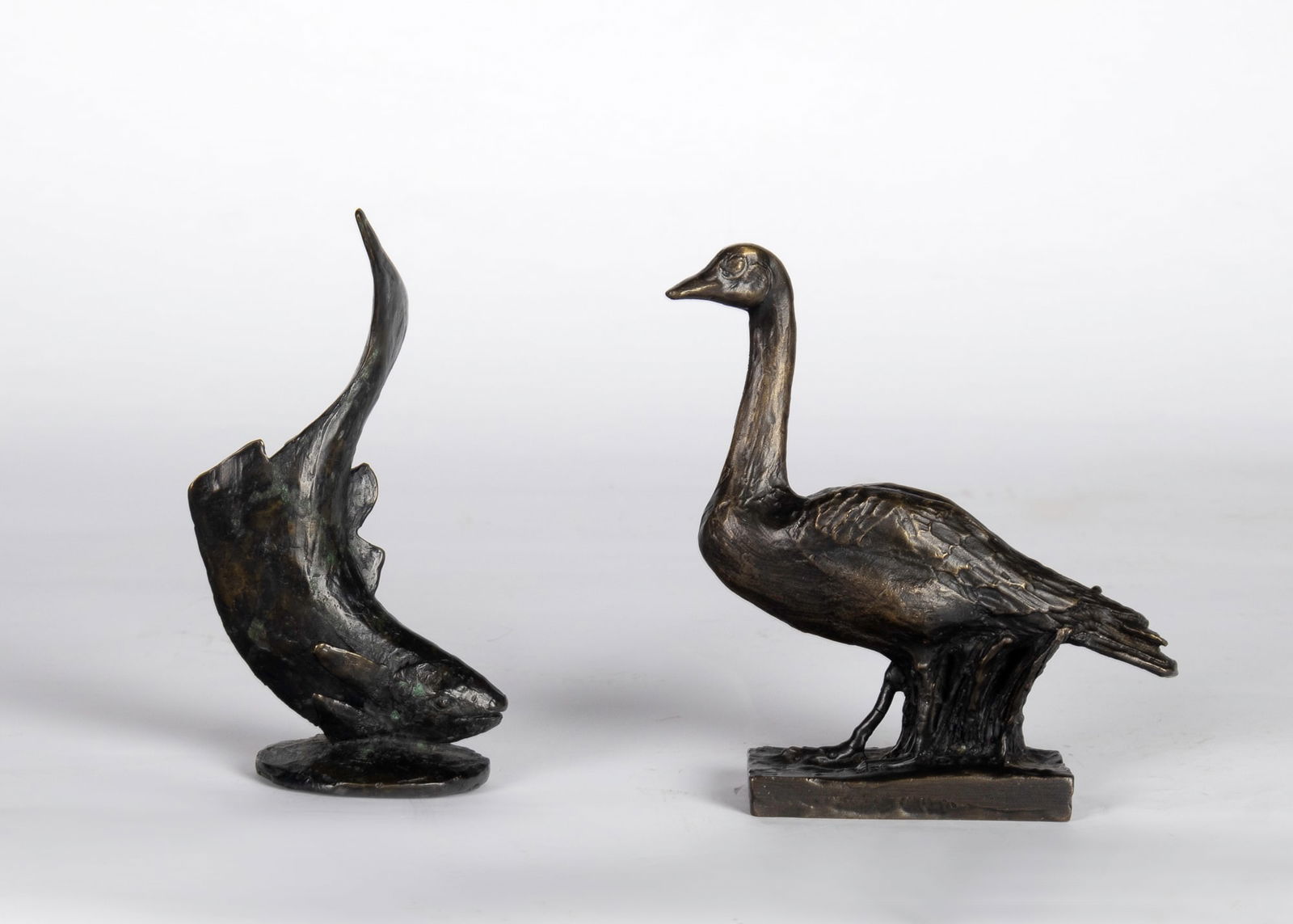 Elliot Offner (1931-2010) / Charles Parks (1922-2012), Two Bronzes: Fish & Goose: Elliot Offner / Charles Parks (1931-2010) / (1922-2012) Two Bronzes: Fish & Goose Medium: bronze Dimensions: Fish: 4 3/8 x 2 5/8 x 2 7/8 Goose: 4 1/4 x 4 1/8 x 1 1/4 Framed Dimensions: no base Signatu