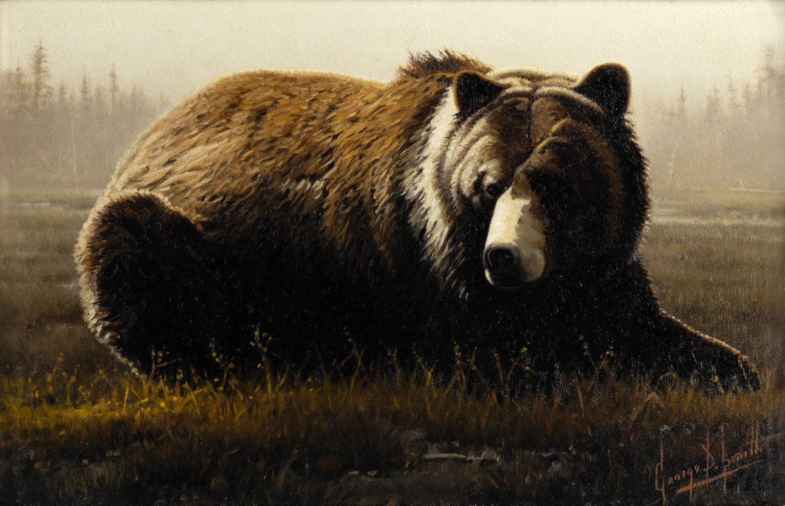 George Dee Smith (1944- ), Hayden Valley Grizzly: George Dee Smith (1944- ) Hayden Valley Grizzly Medium: oil on panel Dimensions: 7 5/8 x 11 3/8 Framed Dimensions: 16 3/4 x 20 1/2 x 2 1/8 Signature signed lower right: George D. Smith verso: titled,