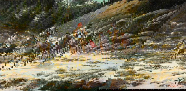 Paul Abram, Jr. (1933-2005), Trappers on Alert: Paul Abram, Jr. (1933-2005) Trappers on Alert Medium: oil on canvasboard Dimensions: 19 7/8 x 40 3/4 Framed Dimensions: 30 1/2 x 50 5/8 x 2 Signature signed lower right: Paul Abram Jr © AICA Provenan