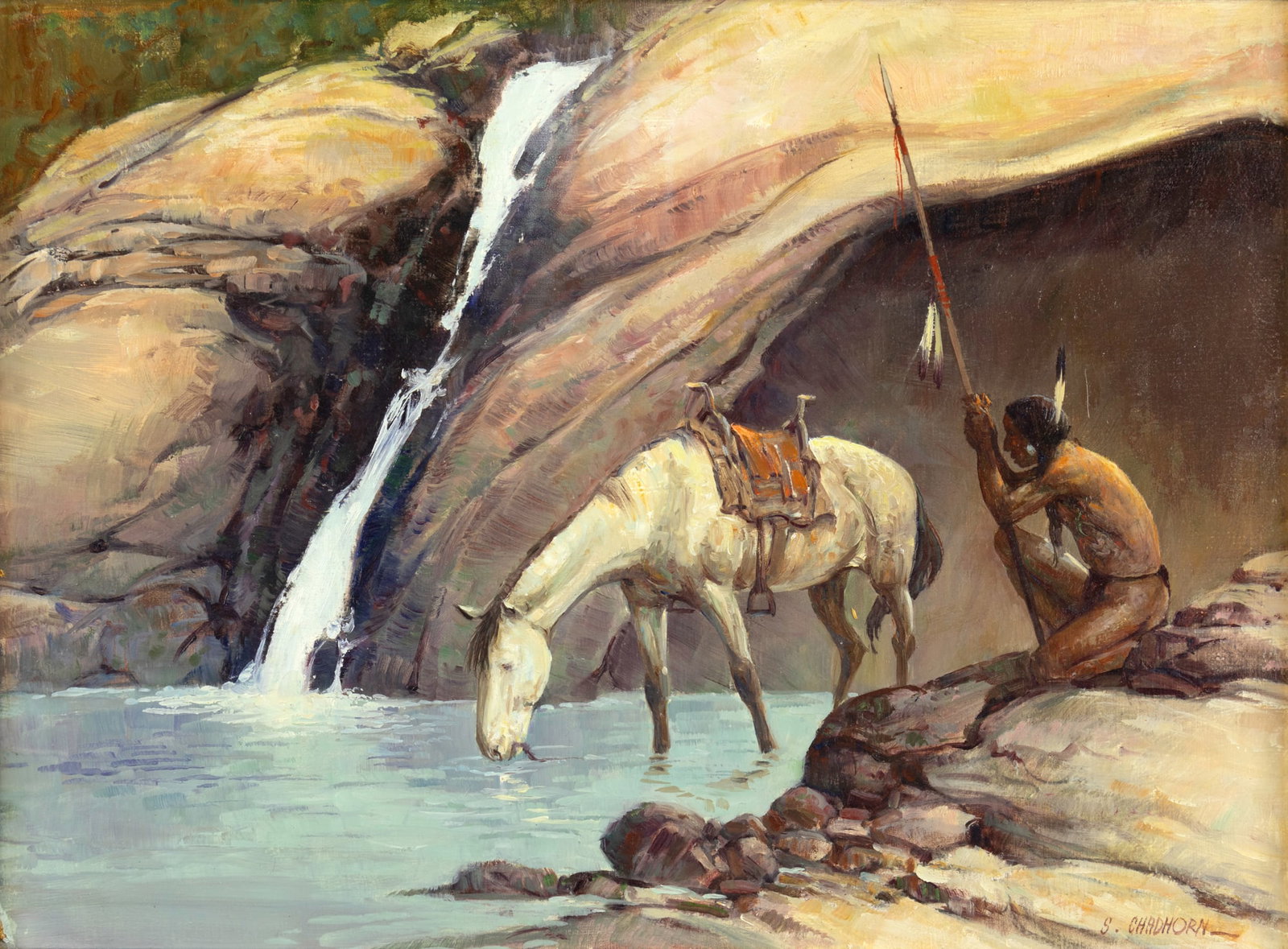 Shep Chadhorn (20th Century), Indian at Waterfall: Shep Chadhorn (20th Century) Indian at Waterfall Medium: oil on board Dimensions: 11 1/2 x 15 5/8 Framed Dimensions: 19 5/8 x 23 3/4 x 2 1/8 Signature signed lower right: S. Chadhorn - Provenance KSA 
