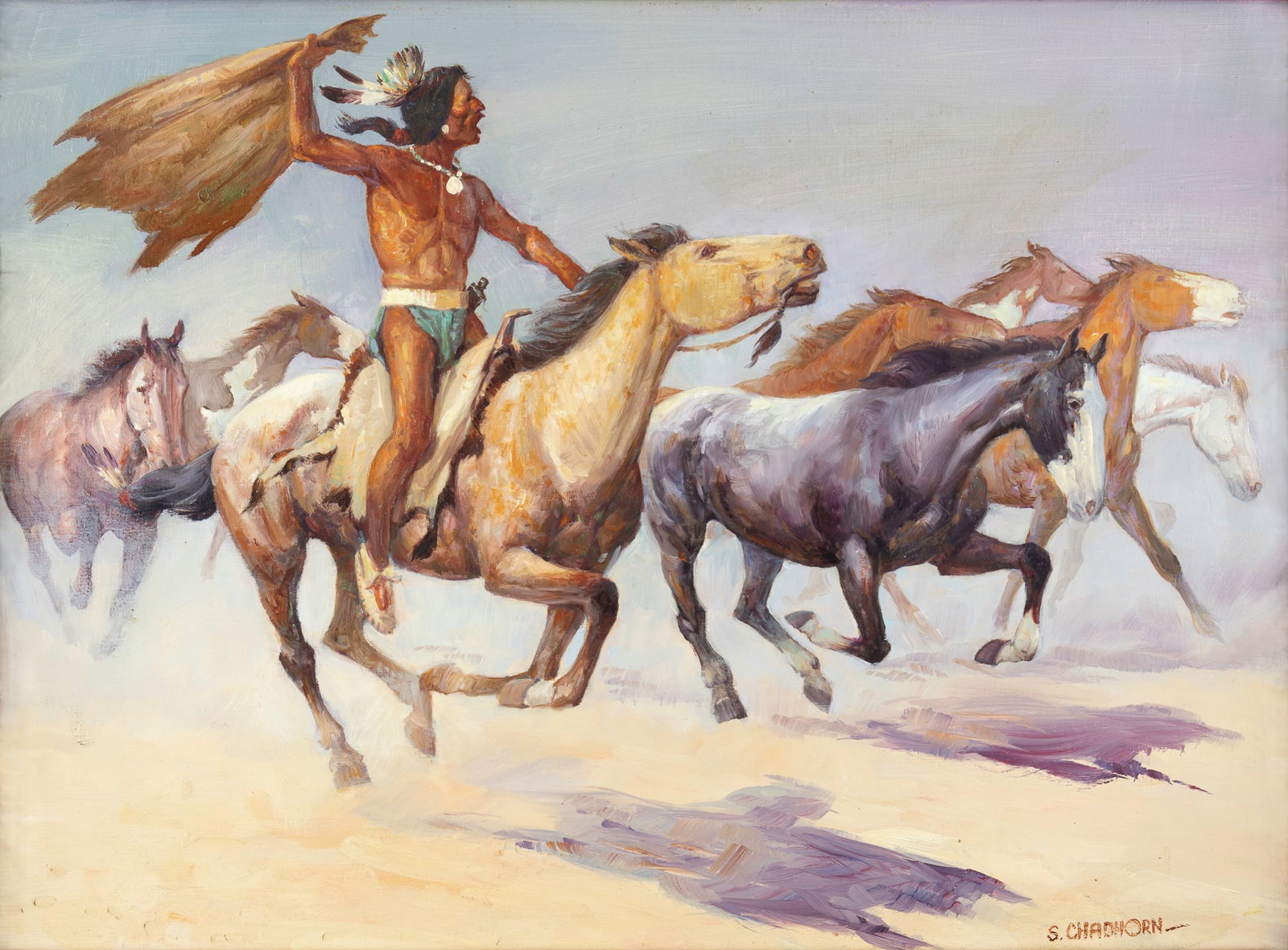 Shep Chadhorn (20th Century), Pursuing the Herd: Shep Chadhorn (20th Century) Pursuing the Herd Medium: oil on board Dimensions: 11 3/8 x 15 3/8 Framed Dimensions: 17 5/8 x 21 5/8 x 1 7/8 Signature signed lower right: S. Chadhorn - Provenance K.S. A