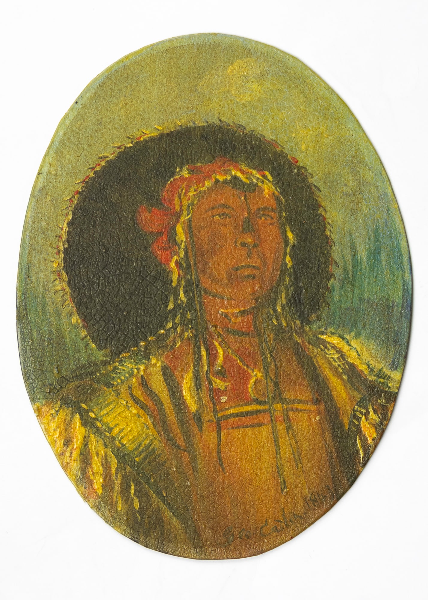 Attributed to George Catlin (1794-1872), Wolf Chief, Head Chief of the Tribe, 1843: Attributed to George Catlin (1794-1872) Wolf Chief, Head Chief of the Tribe Medium: oil on copper Dimensions: 4 5/8 x 3 1/2 Framed Dimensions: unframed Signature signed and dated lower right: Geo. Cat