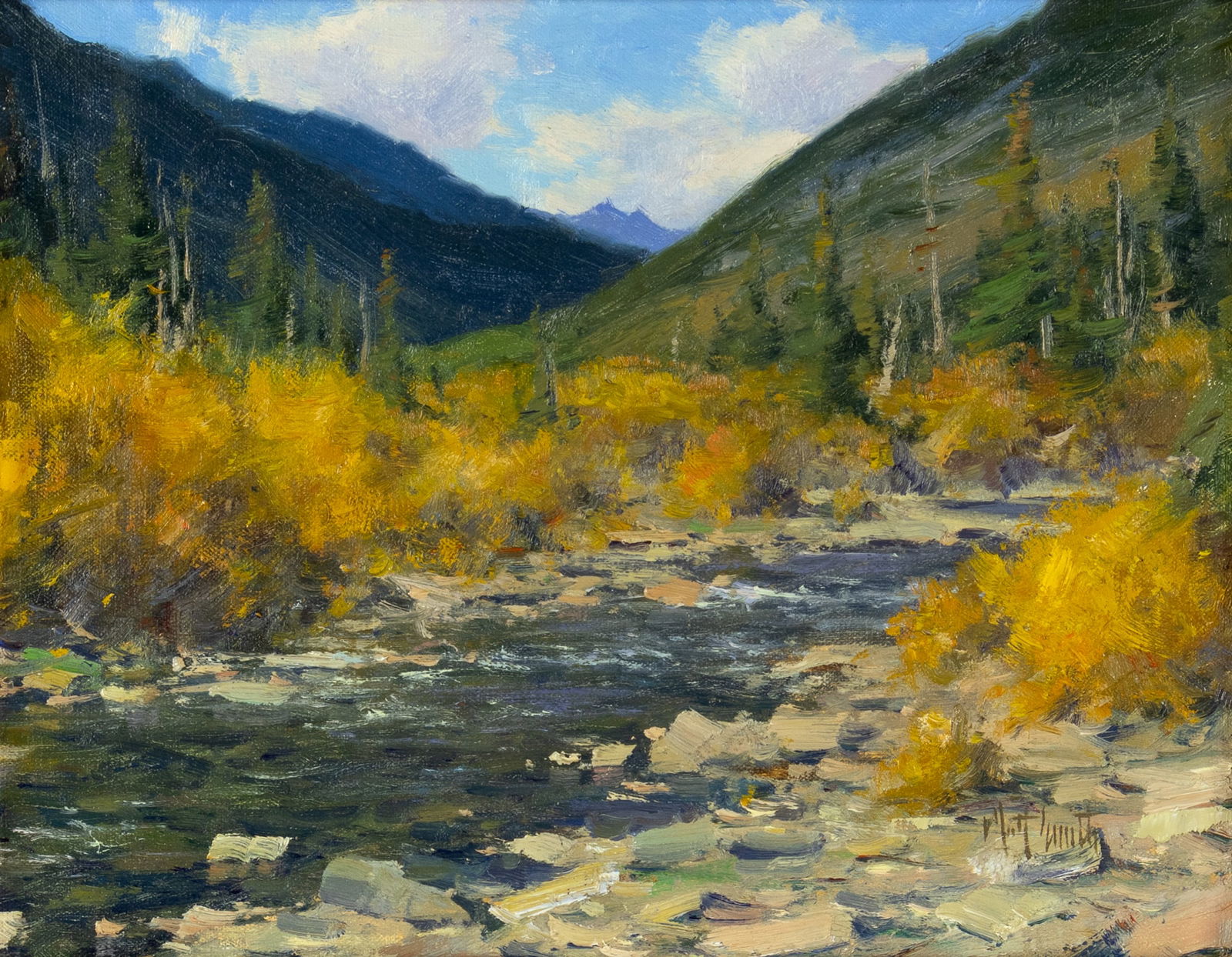 Matt Smith (1960- ): Clear Creek, 2014: Matt Smith (1960- ): Clear Creek, 2014 Medium: oil on canvas panel Dimensions: 11 x 14 Framed/base dimensions:17 1/2 x 20 1/2 x 1 1/8 Signature: signed lower right: Matt Smith verso: signed, dated and