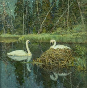 Lee Stroncek (1952- ): Nesting Swans in Moonlight, 1994
