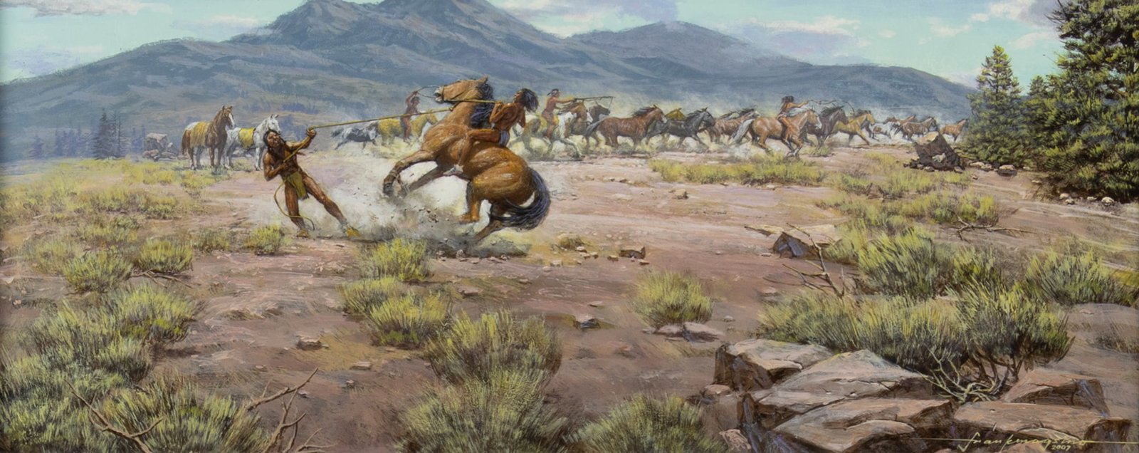 Frank Magsino (1937-2020): Busting Wild Spirit, 2007: Frank Magsino (1937-2020): Busting Wild Spirit, 2007 Medium: oil on board Dimensions: 6 1/2 x 16 1/2 Framed/base dimensions:17 1/8 x 27 1/8 x 2 Signature: signed lower right: Frank Magsino 2007 Proven