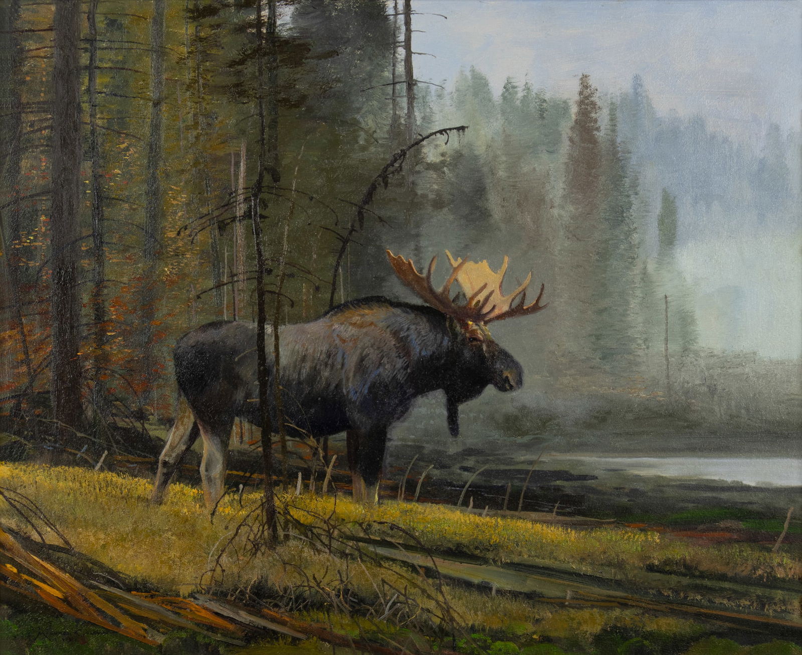 Michael Coleman (1946- ): In the Mist - Bull Moose: Michael Coleman (1946- ): In the Mist - Bull Moose Medium: oil on board Dimensions: 18 x 22 Framed/base dimensions:27 x 31 7/8 x 3 Signature: signed lower left: Michael Coleman © Provenance: From a P