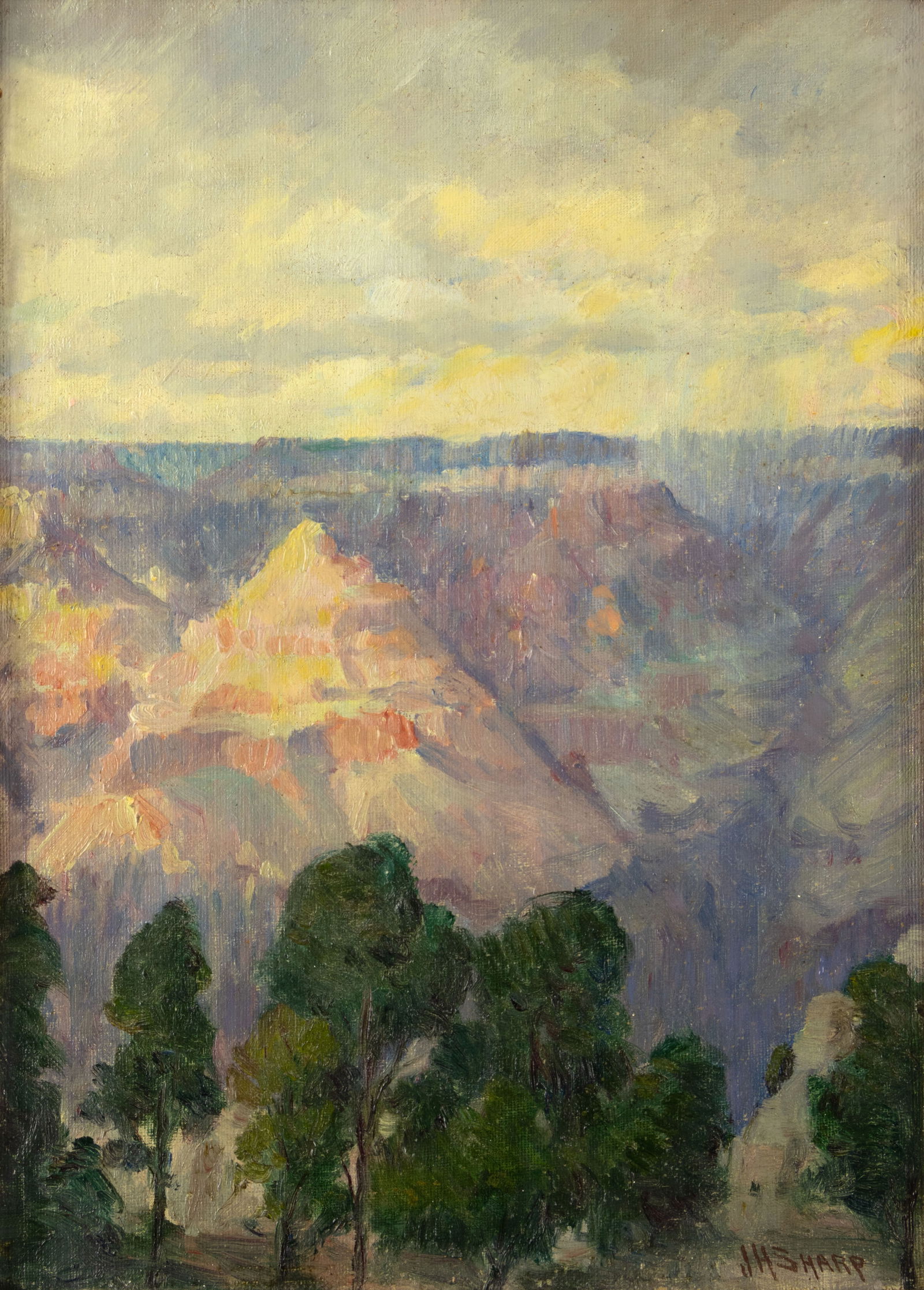 Joseph Henry Sharp (1859-1953), Grand Canyon: Joseph Henry Sharp (1859-1953), Grand Canyon Medium: oil on board Dimensions (in.): 13 1/2 x 9 3/4 Framed Dimensions (in.): 18 3/4 x 14 7/8 x 1 1/16 Signature signed lower right: JHSharp Proven
