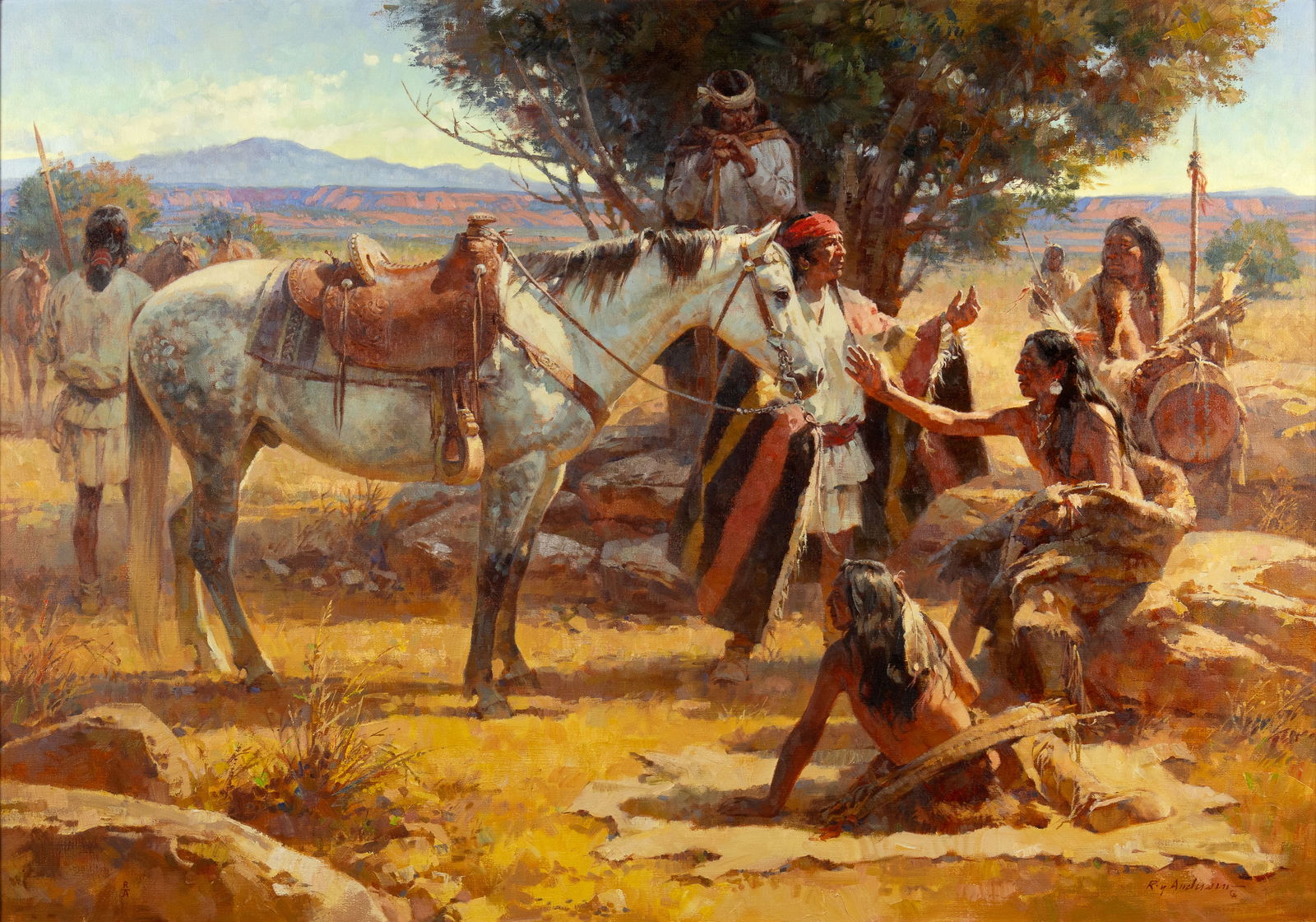 Roy Andersen (1930-2019), Bartering the Spanish Pony: Roy Andersen (1930-2019), Bartering the Spanish Pony Medium: oil on canvas Dimensions (in.): 34 x 48 Framed Dimensions (in.): 50 3/4 x 64 5/8 x 4 3/8 Signature initialed lower left: R/A signed lower r