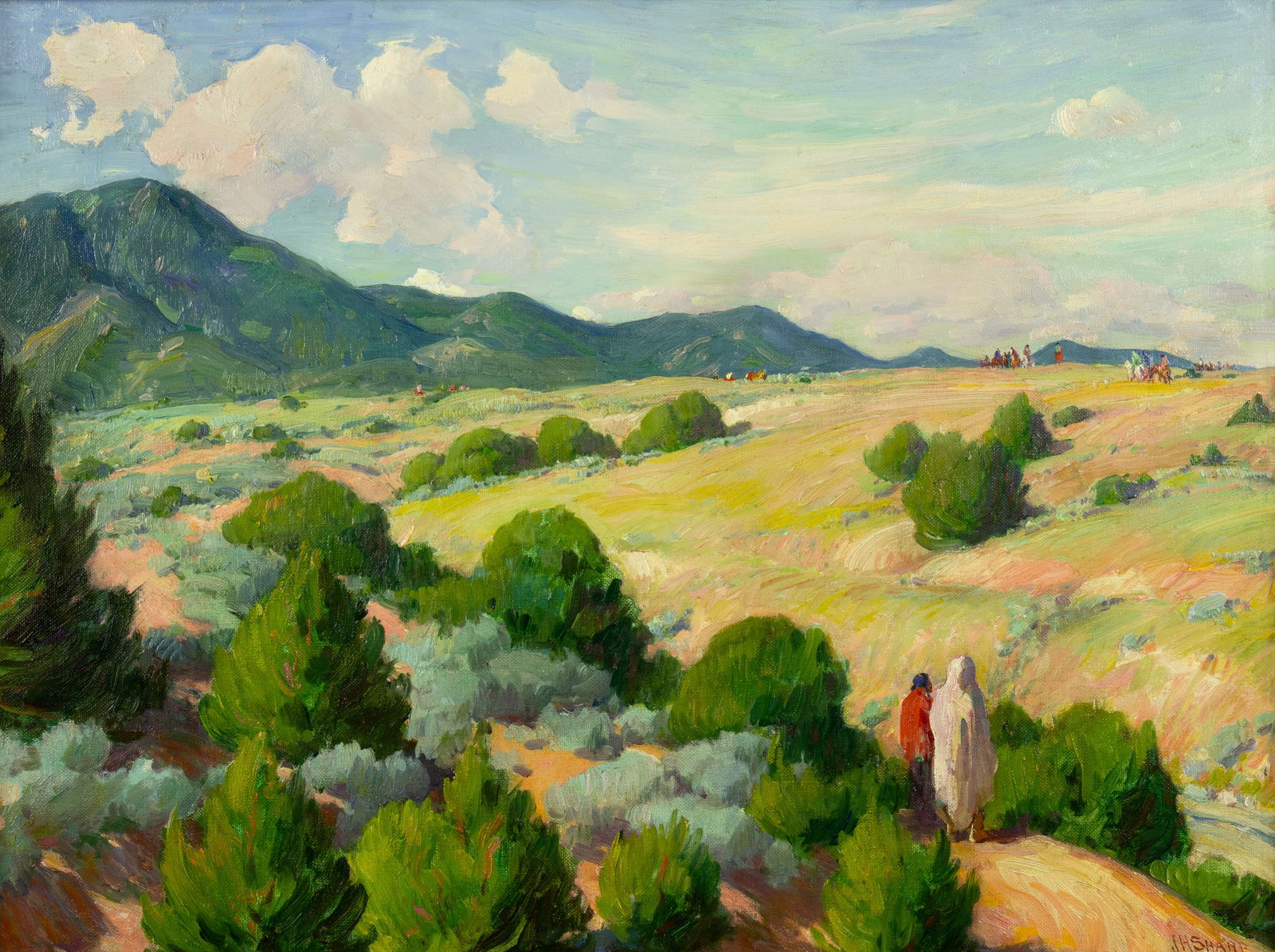 Joseph Henry Sharp (1859-1953), Rabbit Hunters in Roundup: Joseph Henry Sharp (1859-1953), Rabbit Hunters in Roundup Medium: oil on canvas Dimensions (in.): 18 x 24 Framed Dimensions (in.): 22 1/4 x 28 1/8 x 2 Signature signed lower right: JHSHARP verso: titl