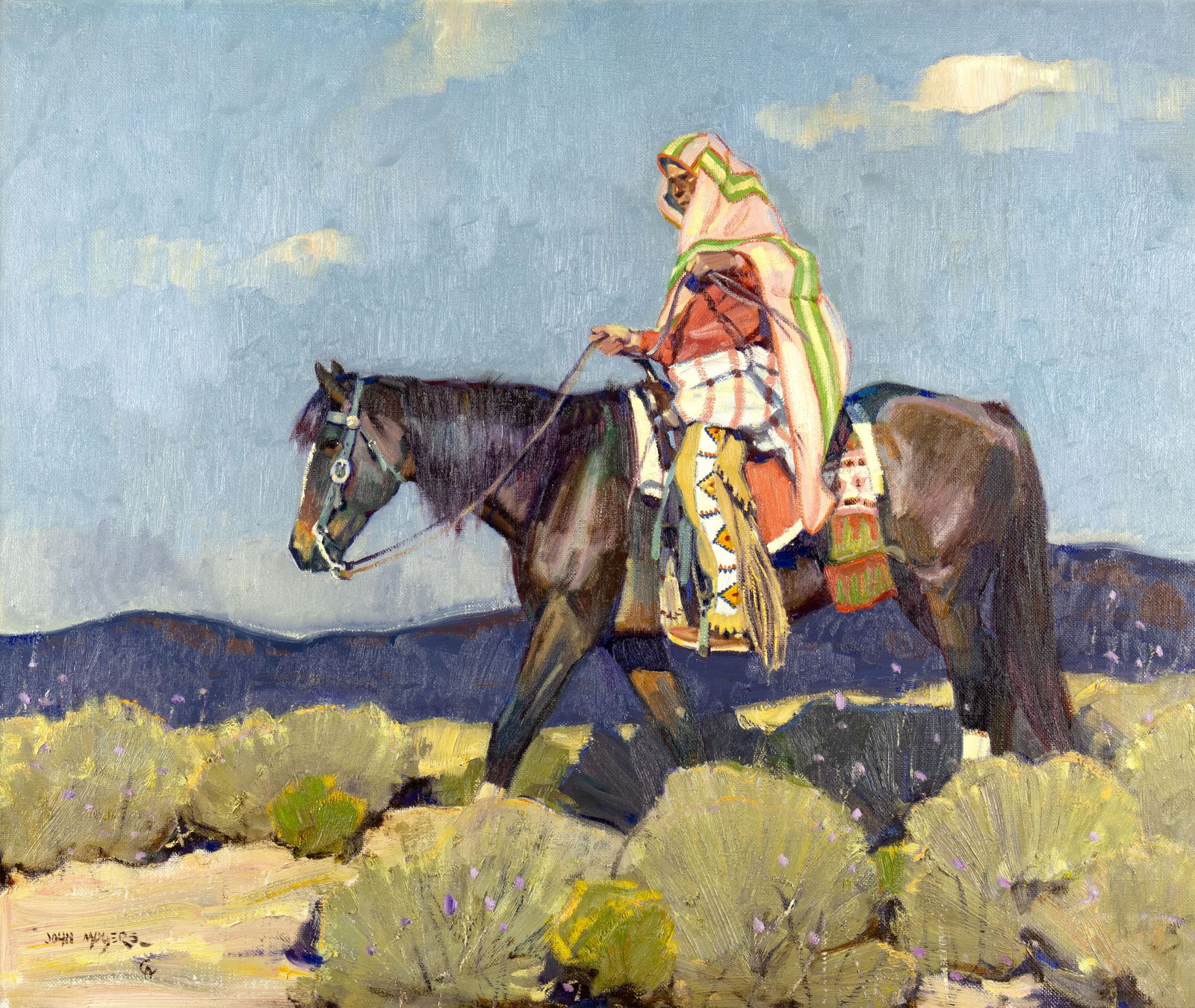 John Moyers (1958- ), Pueblo Rider: John Moyers (1958- ), Pueblo Rider Medium: oil on canvas Dimensions (in.): 30 x 36 Framed Dimensions (in.): 38 3/8 x 44 3/8 x 2 1/4 Signature signed lower left: John Moyers (artist cipher) Prov