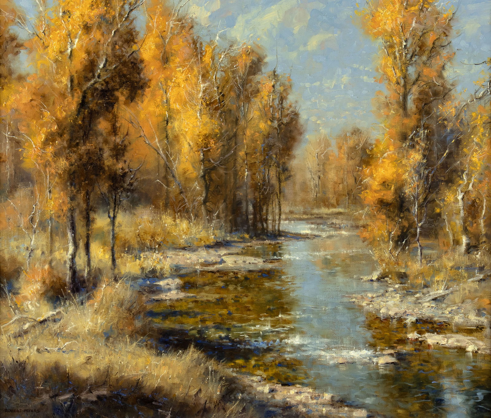 Robert Peters (1960- ), Autumn Solitude: Robert Peters (1960- ), Autumn Solitude Medium: oil on canvas Dimensions (in.): 24 x 30 Framed Dimensions (in.): 33 5/8 x 39 3/8 x 3 1/4 Signature signed lower left: Robert Peters verso: signed and ti