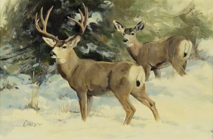 Ken Carlson (1937- ), Winter Pair - Mule Deer
