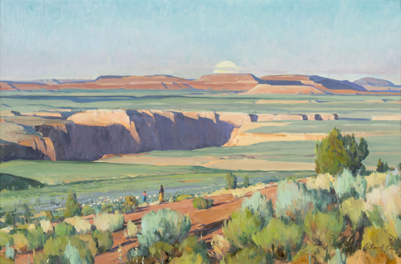 G. Russell Case (1966- ), Navajo Moon Rise, 2020: G. Russell Case (1966- ), Navajo Moon Rise, 2020 Medium: oil on panel Dimensions (in.): 20 x 30 Framed Dimensions (in.): 25 x 35 x 1 3/4 Signature signed lower right: G. Russell Case verso: titled, si