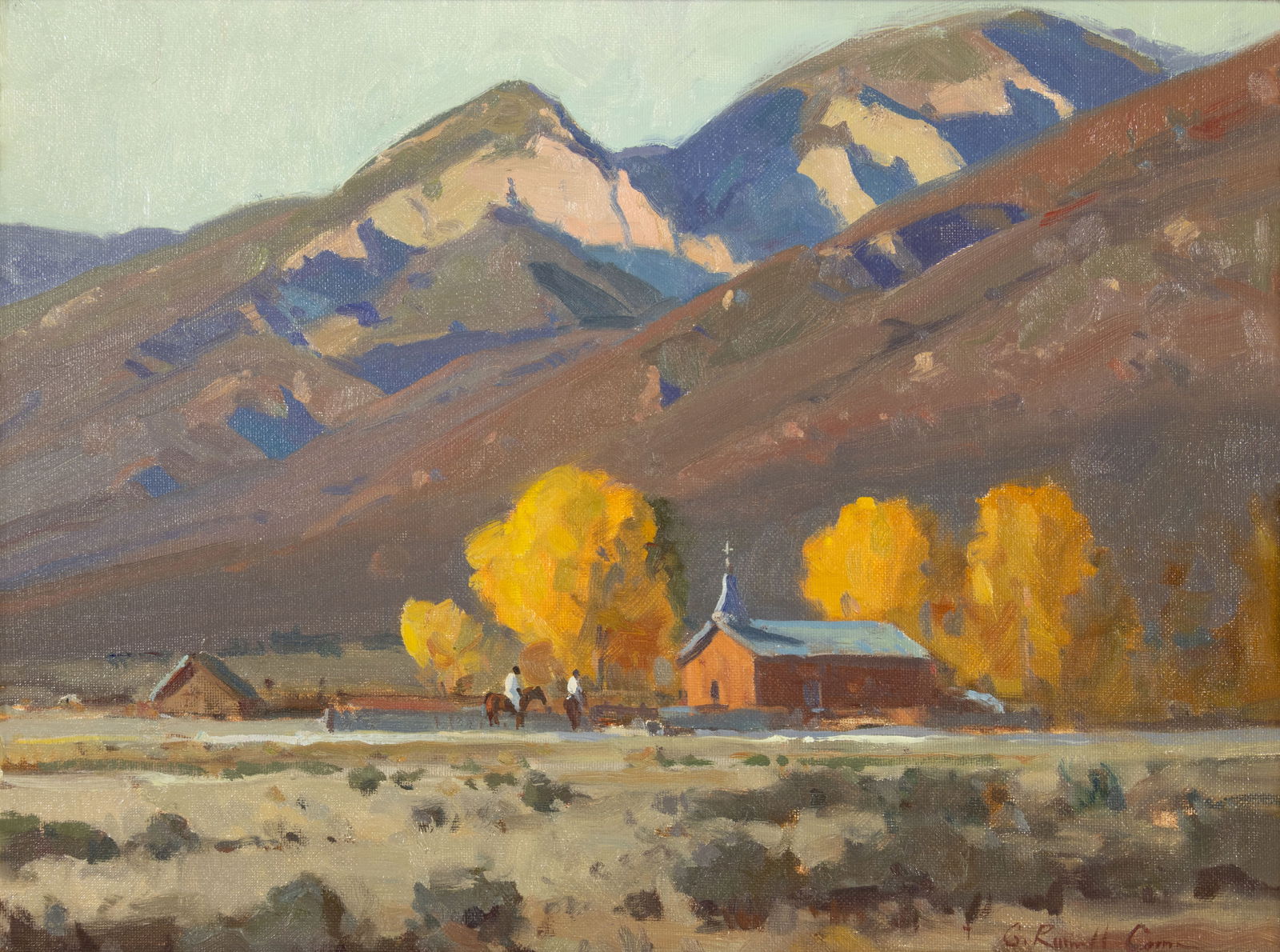 G. Russell Case (1966- ), Sunday in Taos, 2011: G. Russell Case (1966- ), Sunday in Taos, 2011 Medium: oil on panel Dimensions (in.): 12 1/4 x 16 1/4 Framed Dimensions (in.): 15 3/4 x 19 3/4 x 2 Signature signed lower right: (artist cipher) G. Russ