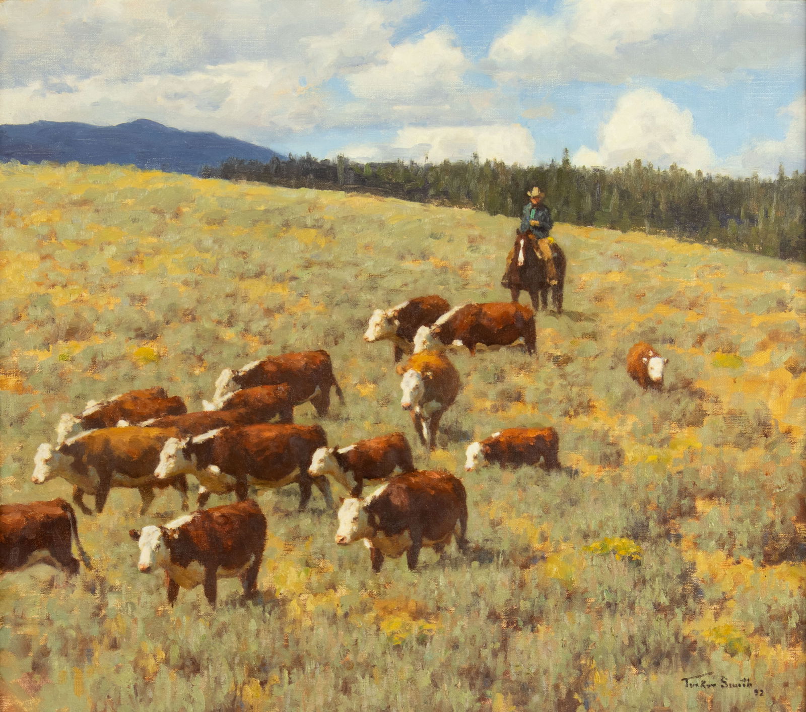 Tucker Smith (1940- ), Union Park Gather, 1992: Tucker Smith (1940- ), Union Park Gather, 1992 Medium: oil on canvas Dimensions (in.): 16 x 18 Framed Dimensions (in.): 20 3/4 x 22 7/8 x 2 1/4 Signature signed and dated lower right: Tucker Smith 92