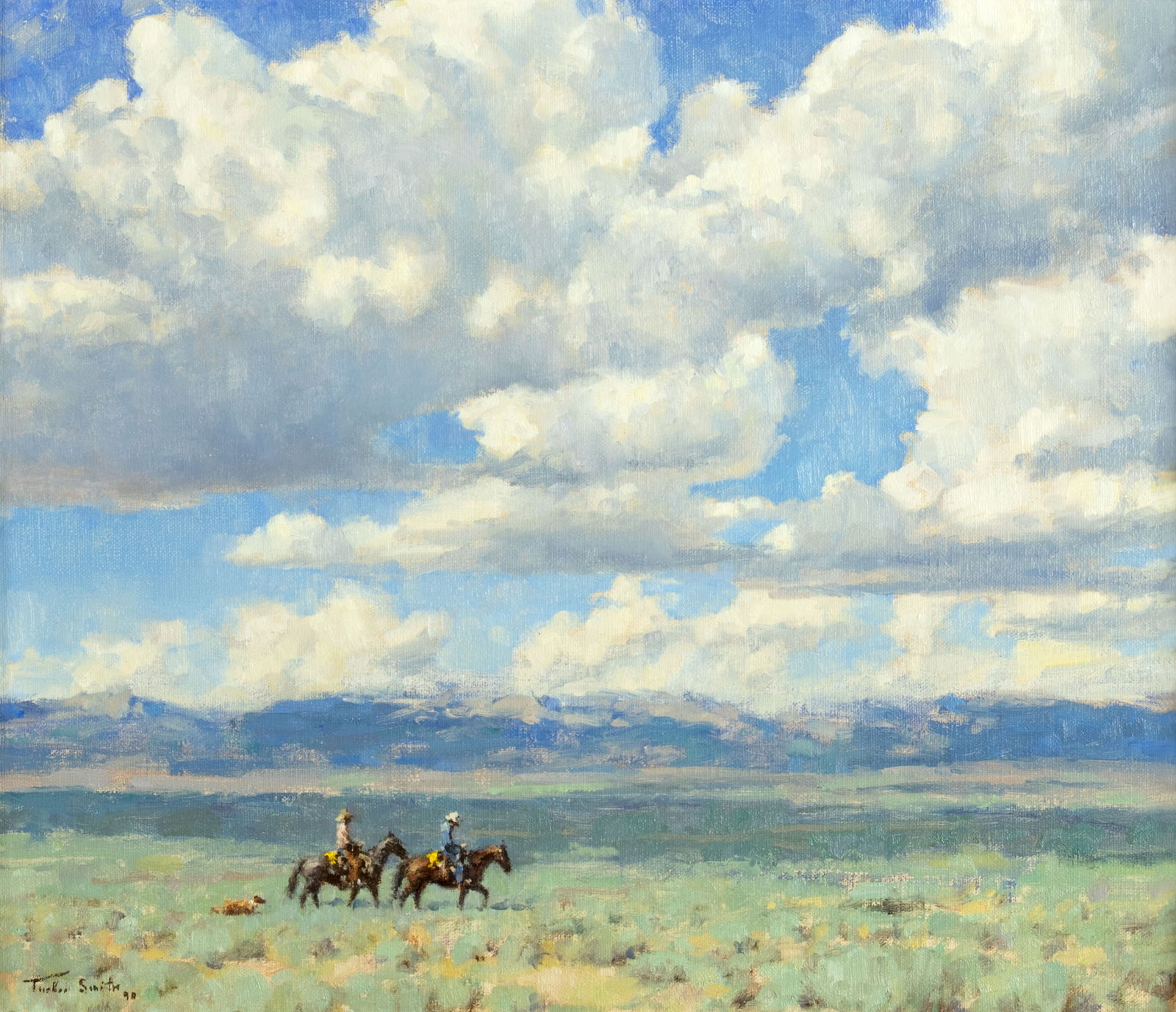 Tucker Smith (1940- ), Big Sky, 1990: Tucker Smith (1940- ), Big Sky, 1990 Medium: oil on canvas Dimensions (in.): 12 x 14 Framed Dimensions (in.): 16 5/8 x 18 5/8 x 2 Signature signed and dated lower left: Tucker Smith 90 verso: titled