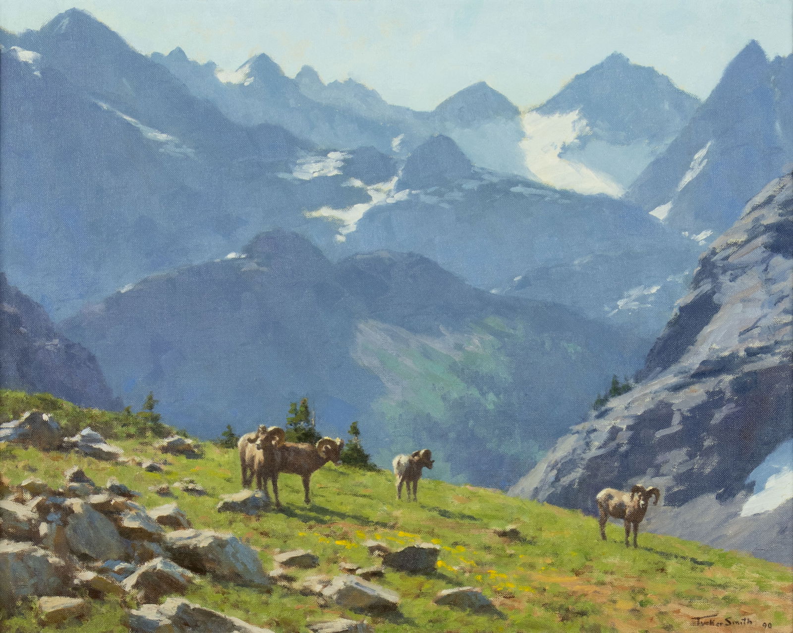 Tucker Smith (1940- ), Wind River Rams, 1990: Tucker Smith (1940- ), Wind River Rams, 1990 Medium: oil on canvas laid on board Dimensions (in.): 16 x 20 Framed Dimensions (in.): 21 3/8 x 25 3/8 x 2 5/8 Signature signed and dated lower right: Tuck