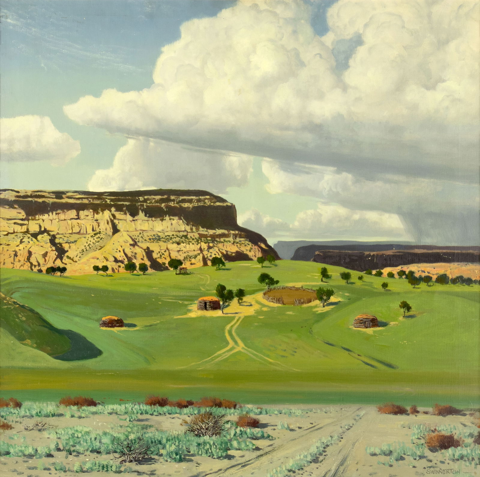 James Swinnerton (1875-1974), Navajo Home: James Swinnerton (1875-1974), Navajo Home Medium: oil on canvas Dimensions (in.): 30 x 30 Framed Dimensions (in.): 38 1/4 x 38 1/4 x 2 1/4 Signature signed lower right: Swinnerton verso: signed