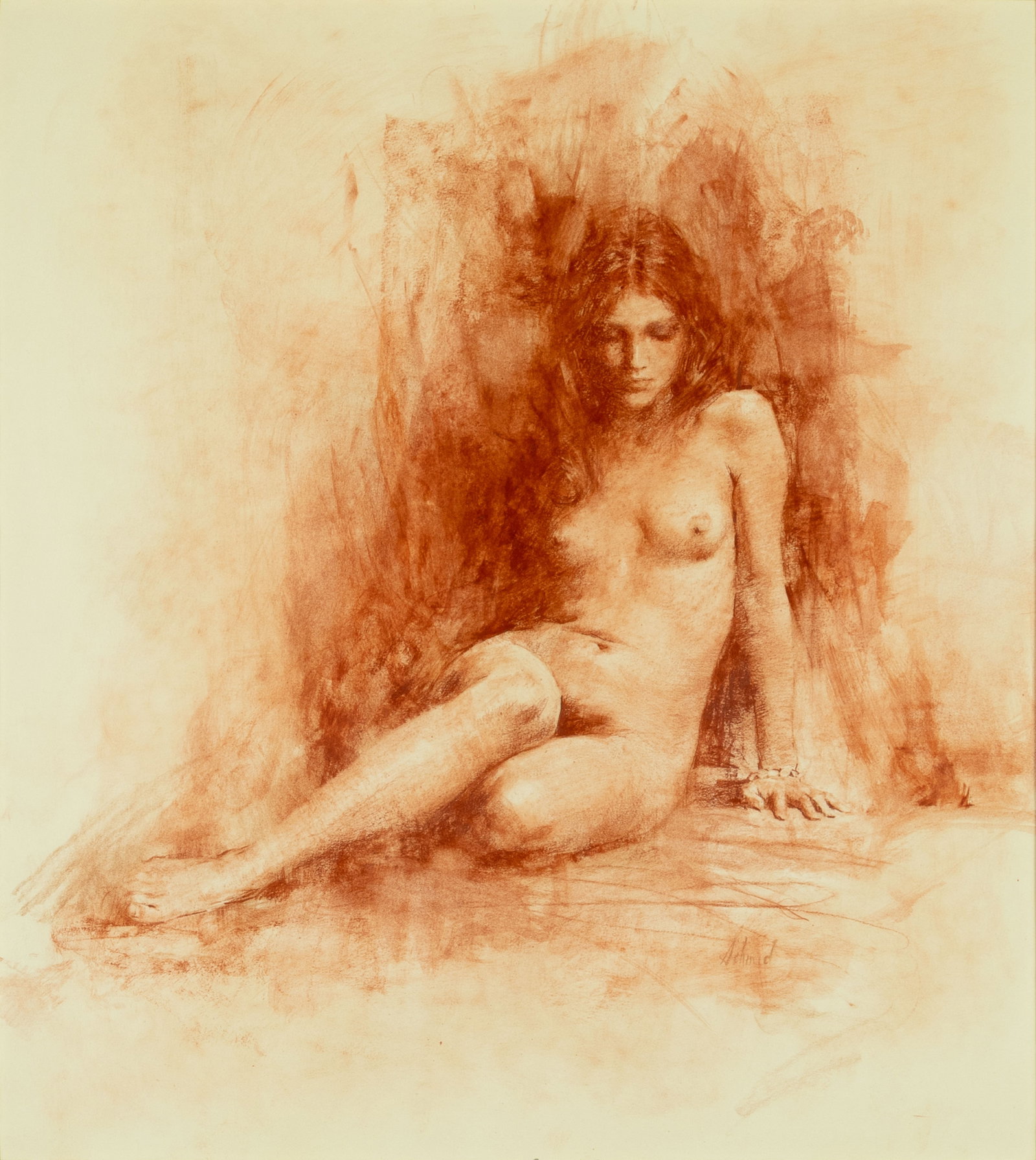 Richard Schmid (1934-2021), Nude (Helga), 1974: Richard Schmid (1934-2021), Nude (Helga), 1974 Medium: conte crayon on paper Dimensions (in.): 19 x 17 Framed Dimensions (in.): 29 5/8 x 27 1/2 x 1 1/8 Signature signed lower right: Schmid verso: titl