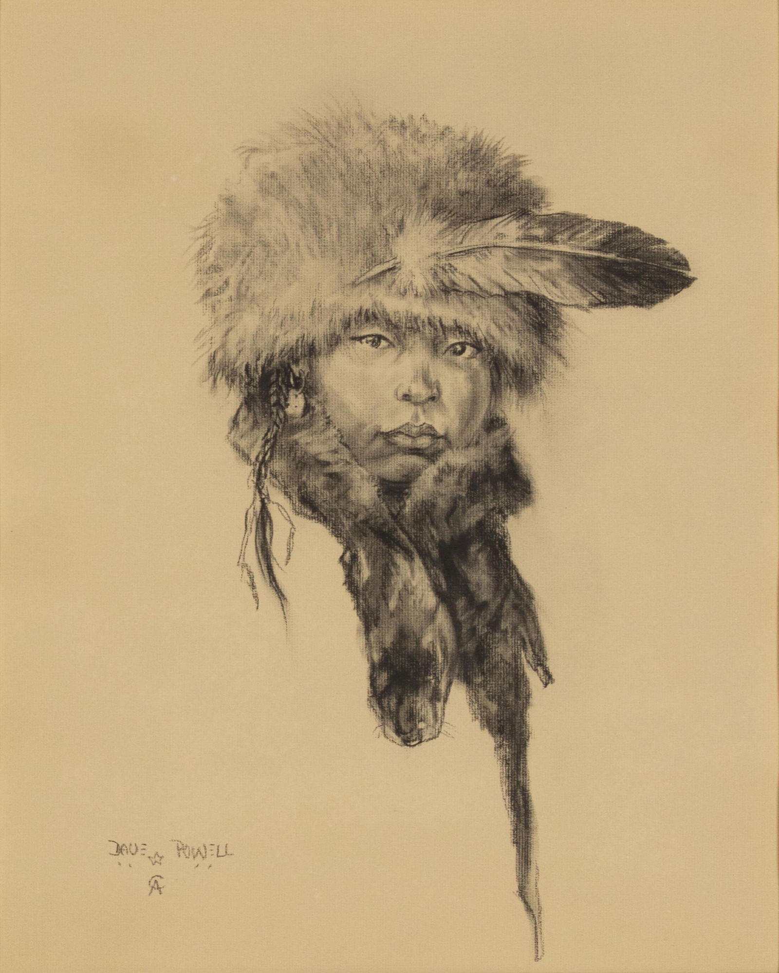 Dave Powell, b.1954, Winter Eagle Child: Dave Powellb.1954Winter Eagle Childcharcoal on papersigned lower left: Dave (artist cipher) Powell "CA"20 3/4 x 16 3/4 in., Frame: 31 3/8 x 26 1/2 x 1 1/4 in. Provenance:Claggett/Rey Galle